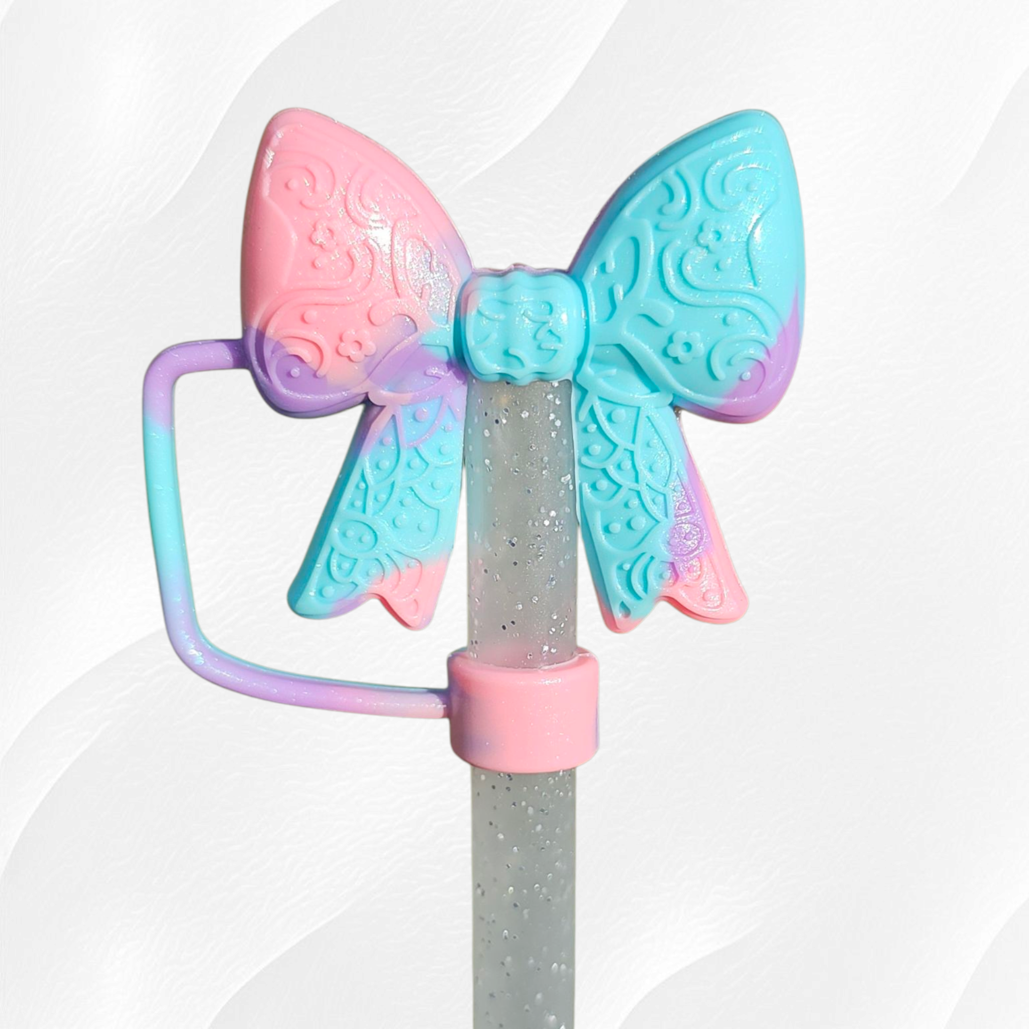 Lace Ribbon BOW 3D Silicone Straw Topper  - Pastel Swirl Shimmer