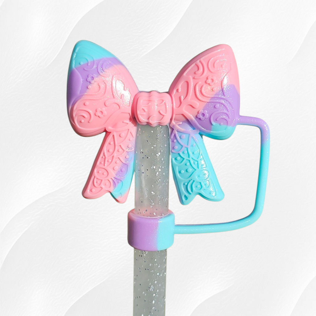 Lace Ribbon BOW 3D Silicone Straw Topper  - Pastel Swirl Shimmer