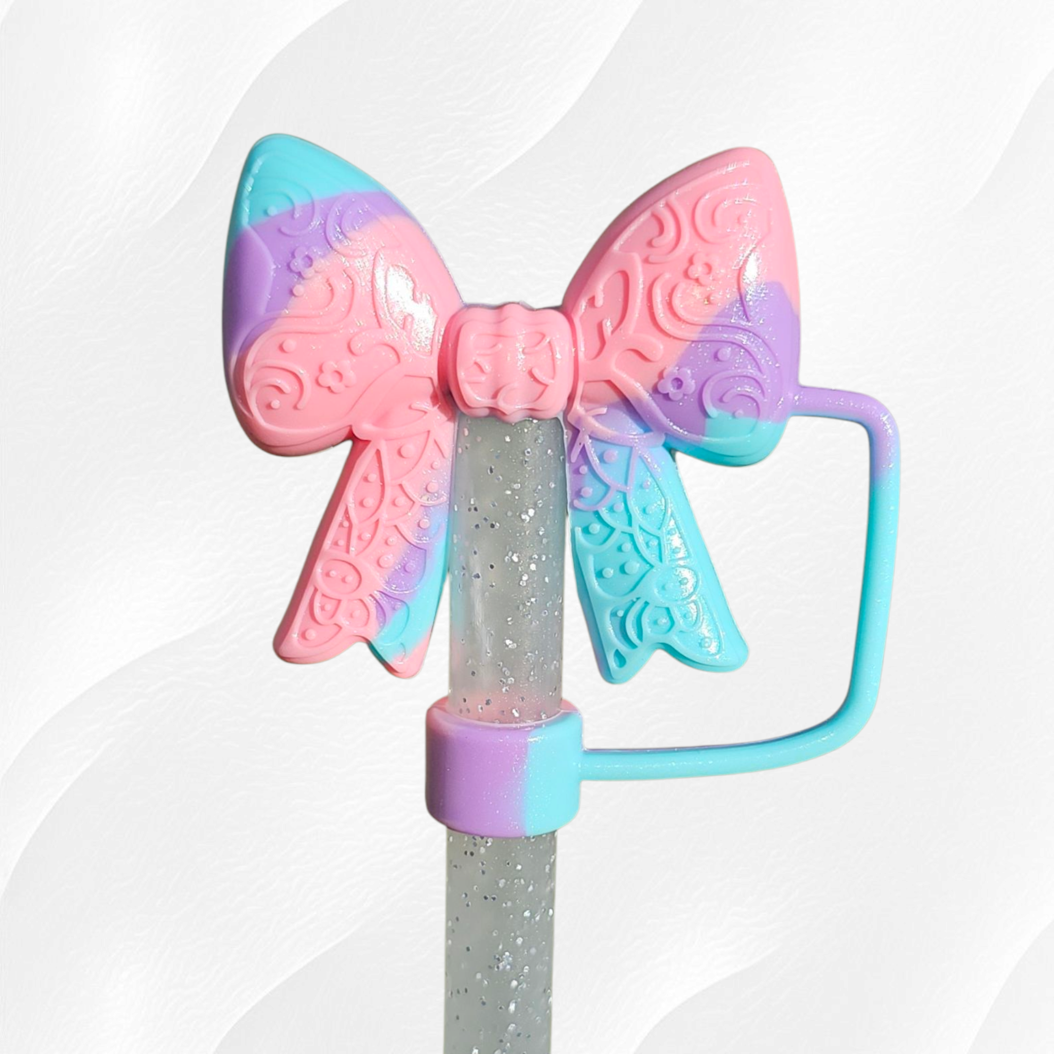 Lace Ribbon BOW 3D Silicone Straw Topper  - Pastel Swirl Shimmer