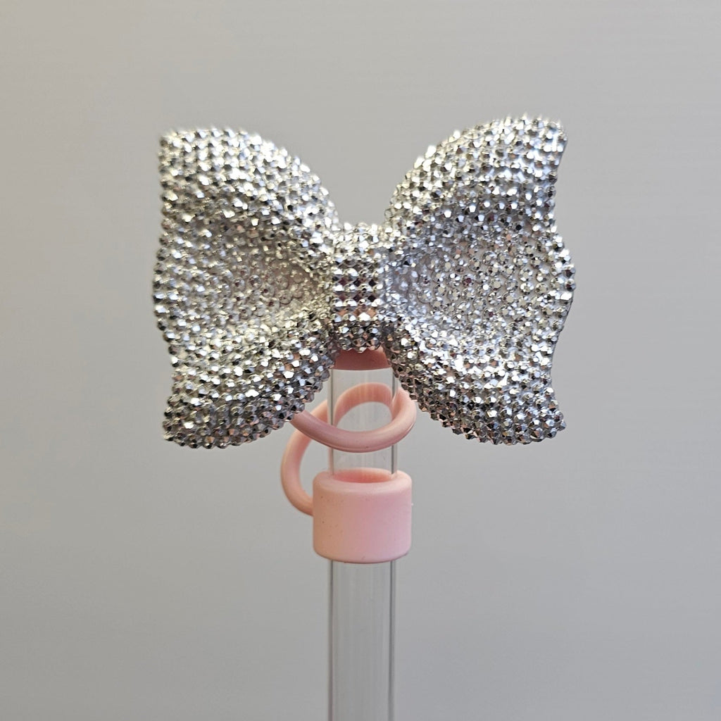 Glitter BOW Straw Topper - Straw Cover- Silver Glitter