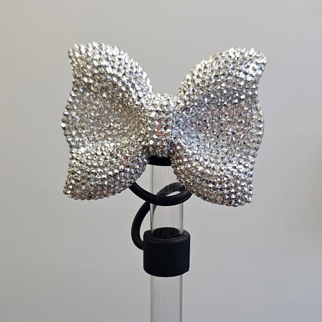 Glitter BOW Straw Topper - Straw Cover- Silver Glitter