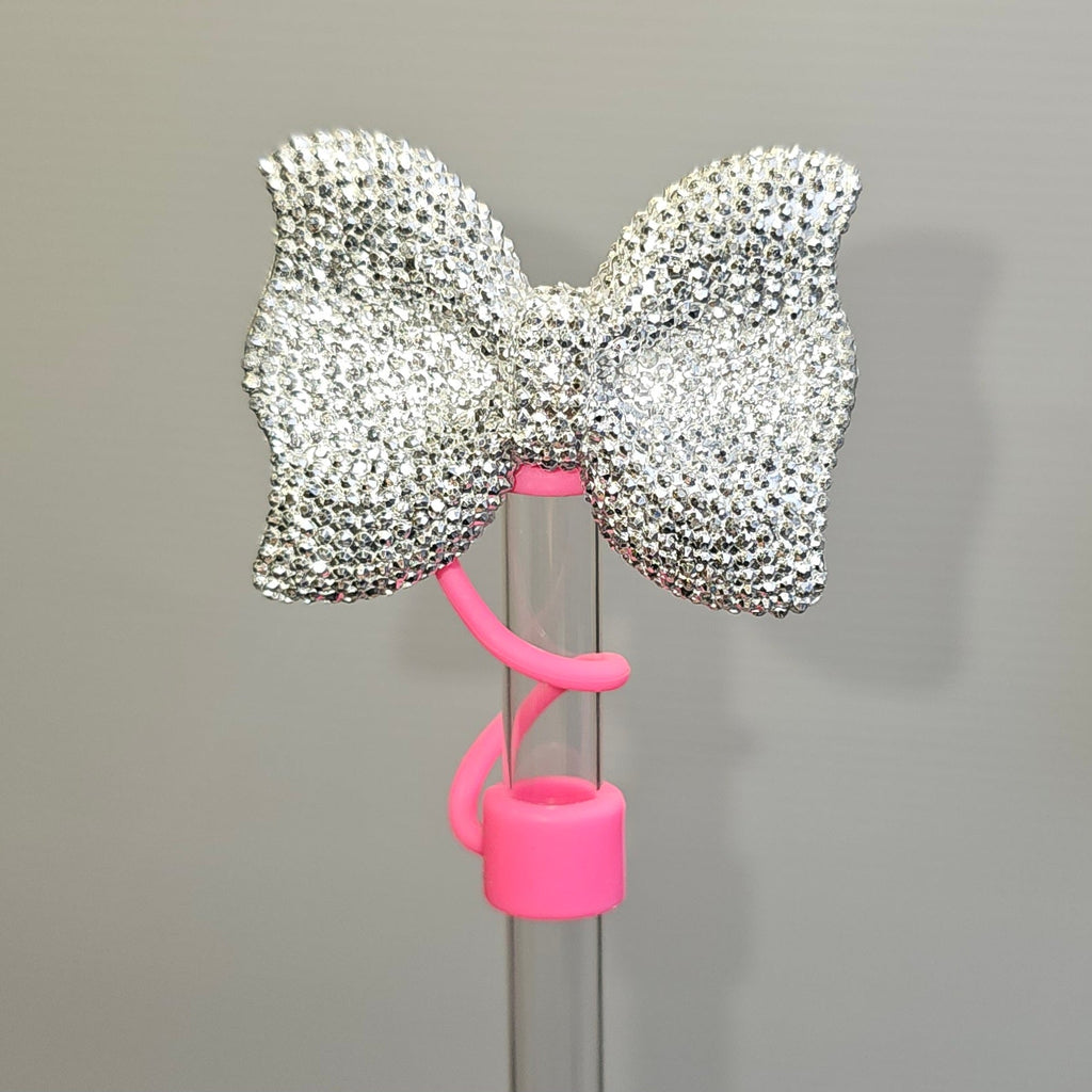 Glitter BOW Straw Topper - Straw Cover- Silver Glitter