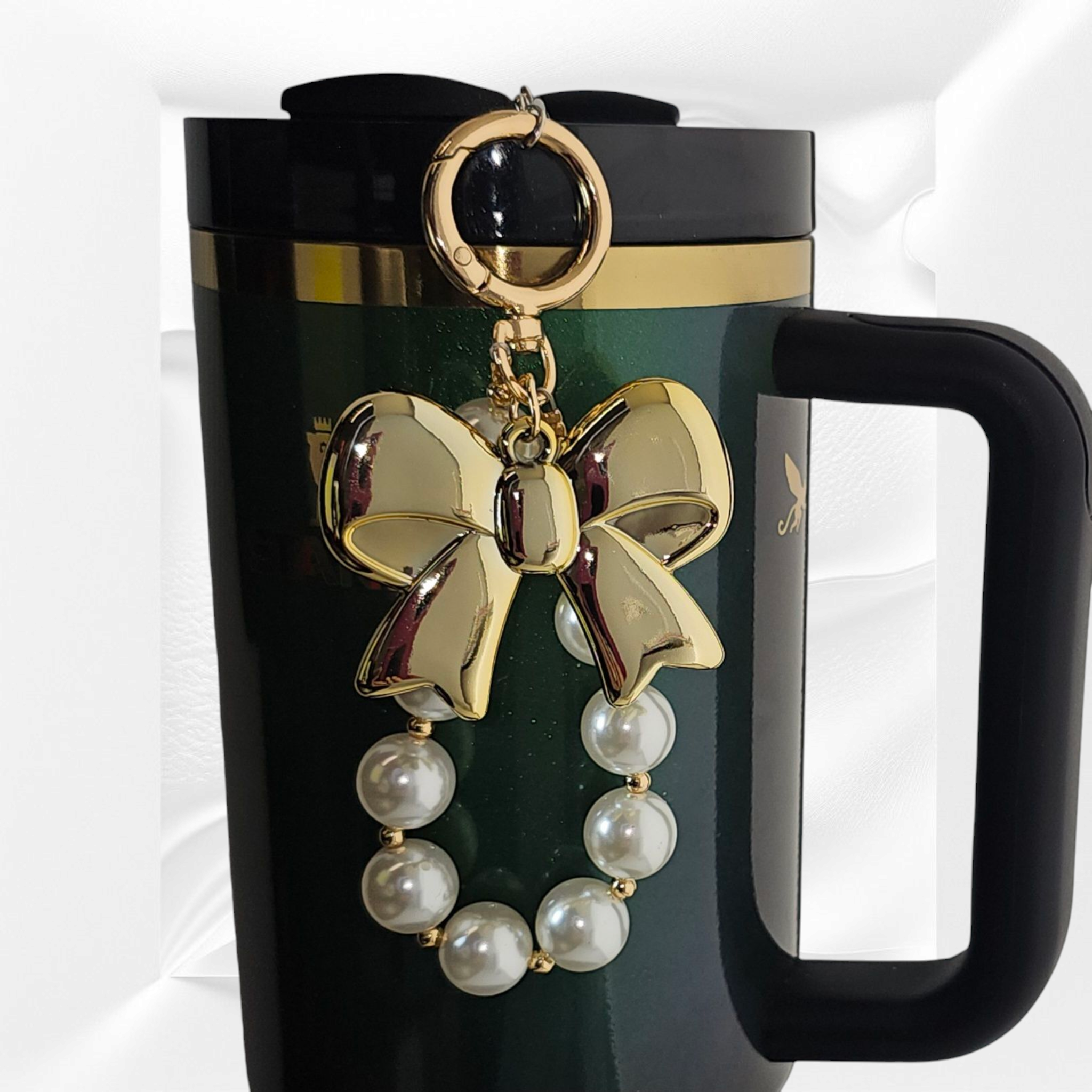 Gold Ribbon Jumbo Bow and Faux Pearl Beaded Tumbler Charm