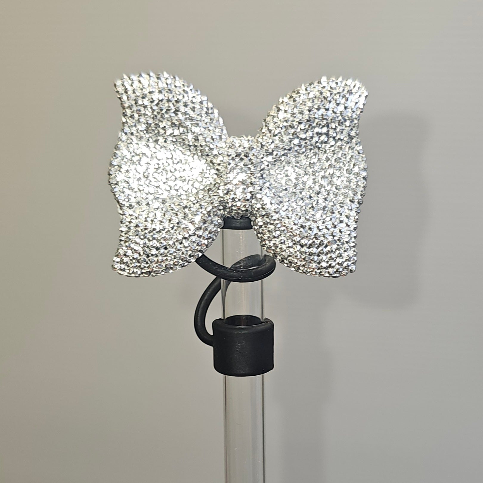 Glitter BOW Straw Topper - Straw Cover- Silver Glitter