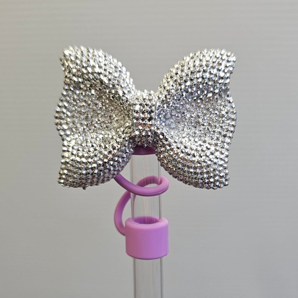 Glitter BOW Straw Topper - Straw Cover- Silver Glitter