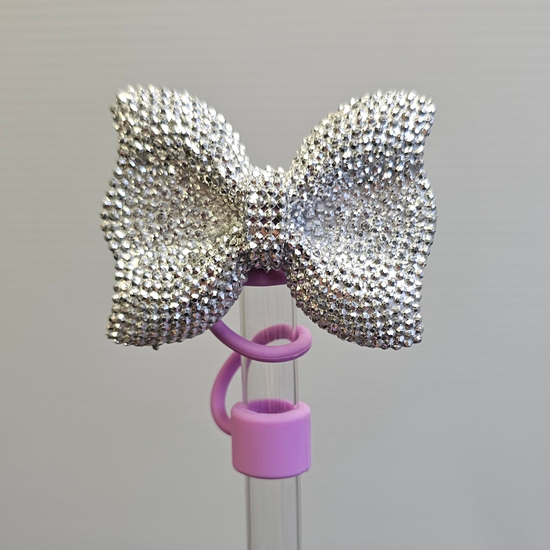Glitter BOW Straw Topper - Straw Cover- Silver Glitter