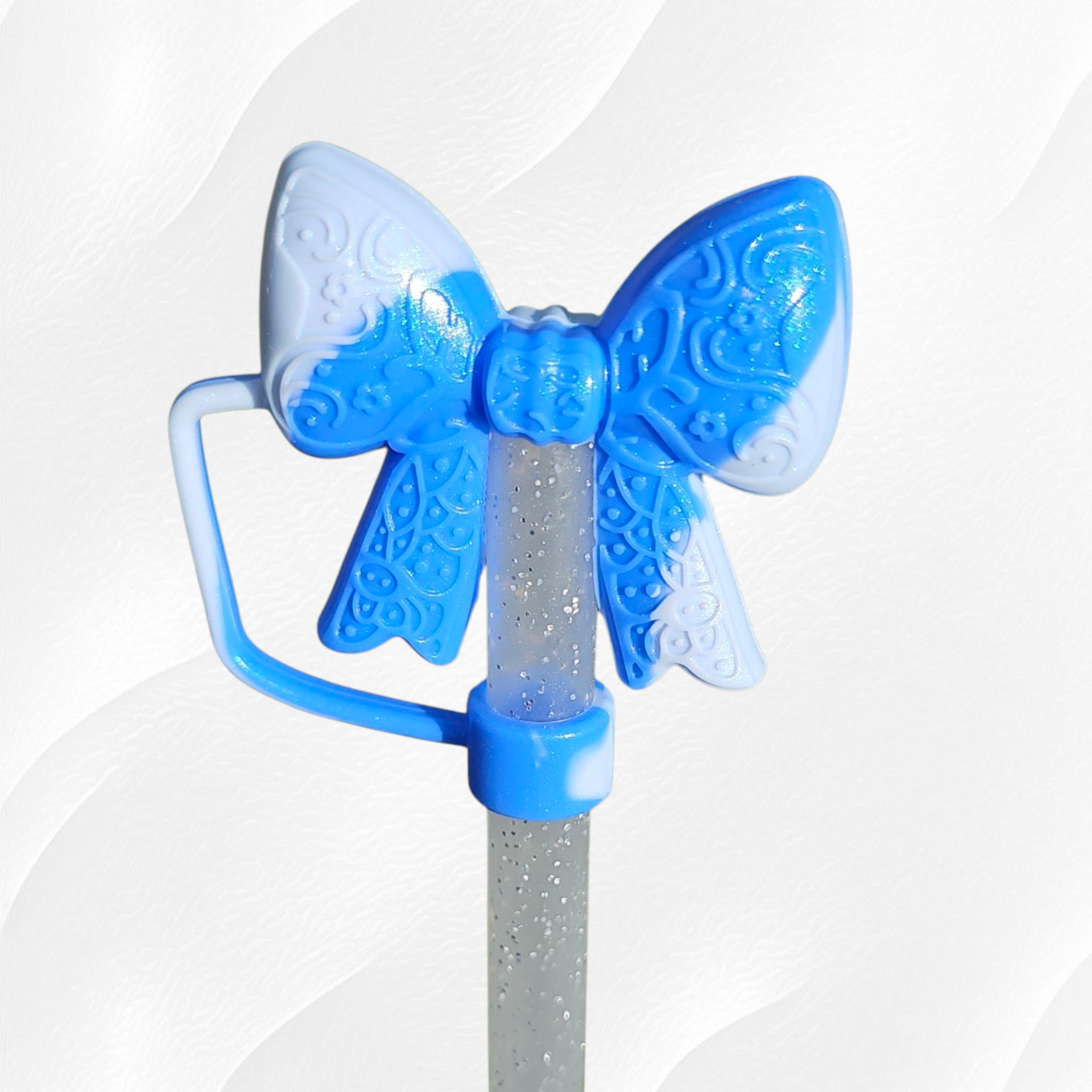 Lace Ribbon BOW 3D Silicone Straw Topper  - Blue Swirl Shimmer