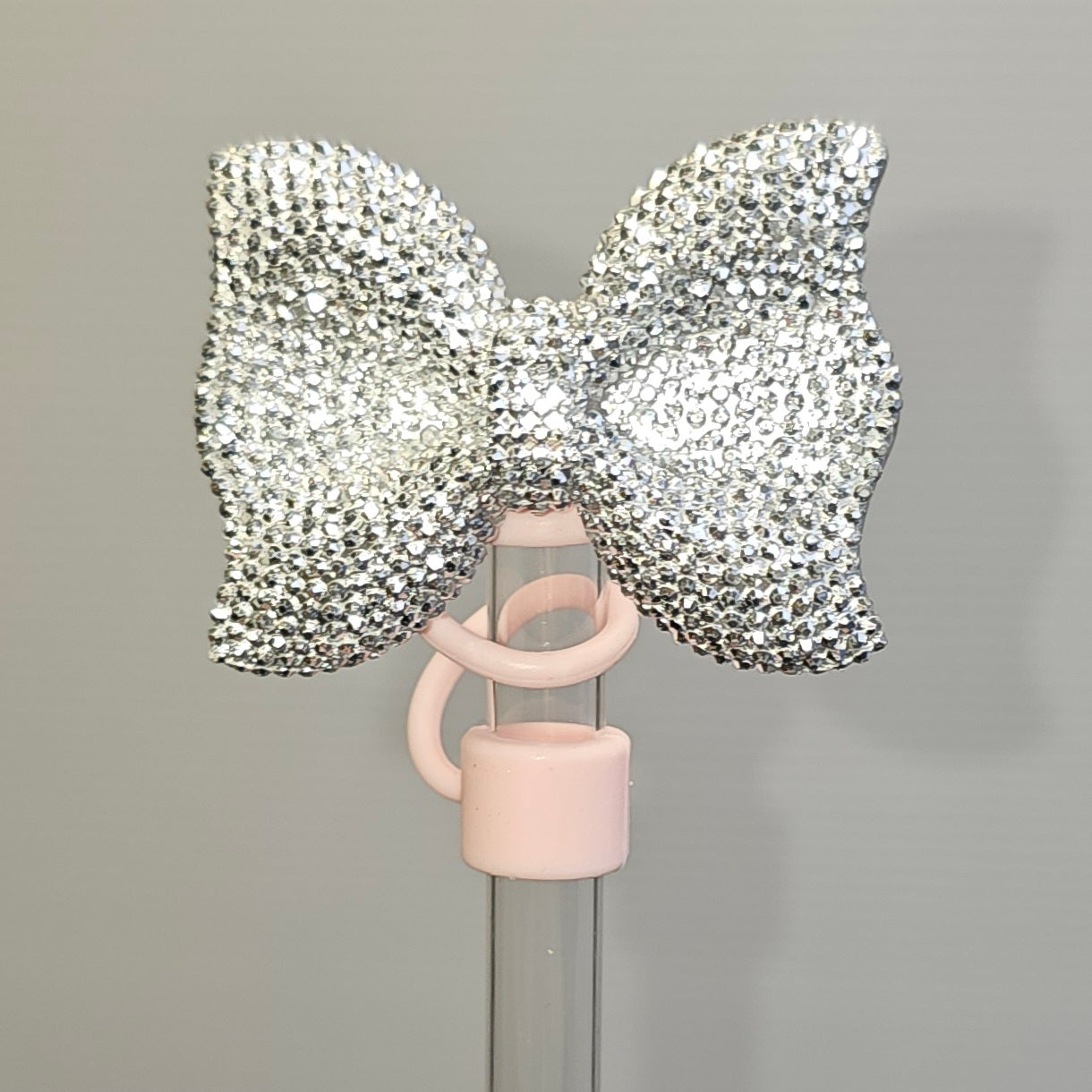 Glitter BOW Straw Topper - Straw Cover- Silver Glitter