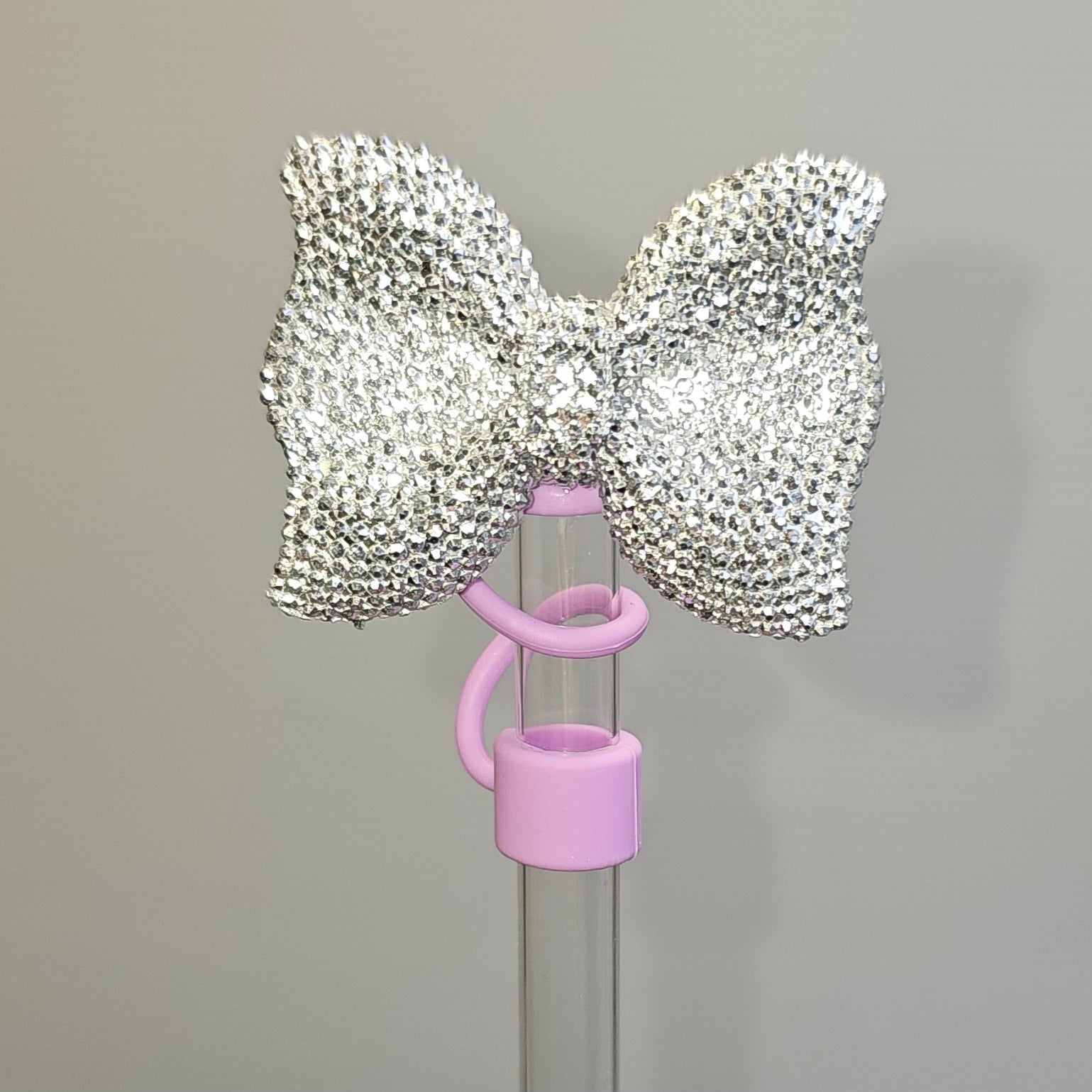 Glitter BOW Straw Topper - Straw Cover- Silver Glitter