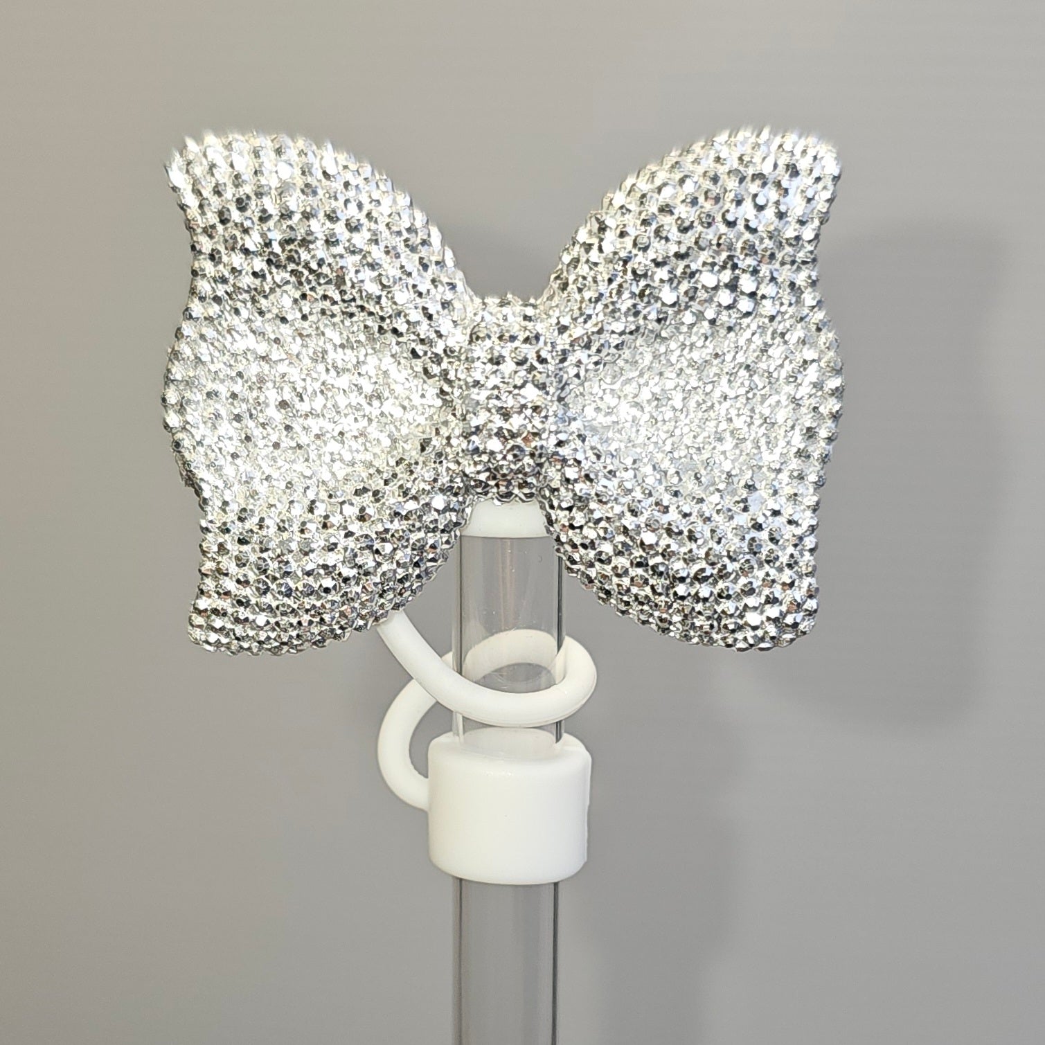 Glitter BOW Straw Topper - Straw Cover- Silver Glitter
