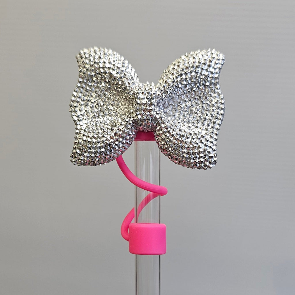 Glitter BOW Straw Topper - Straw Cover- Silver Glitter