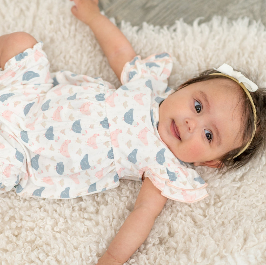Pink Farm Hens Bamboo Ruffle Romper