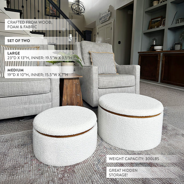 Stowaway Chic Boucle Ottomans, Set of Two